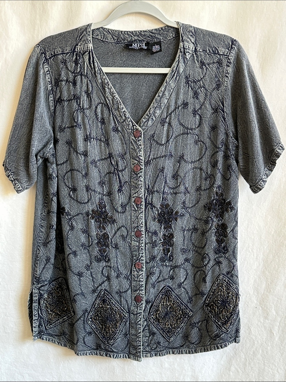 MPH Collection charcoal gray short sleeve button-down top, size L